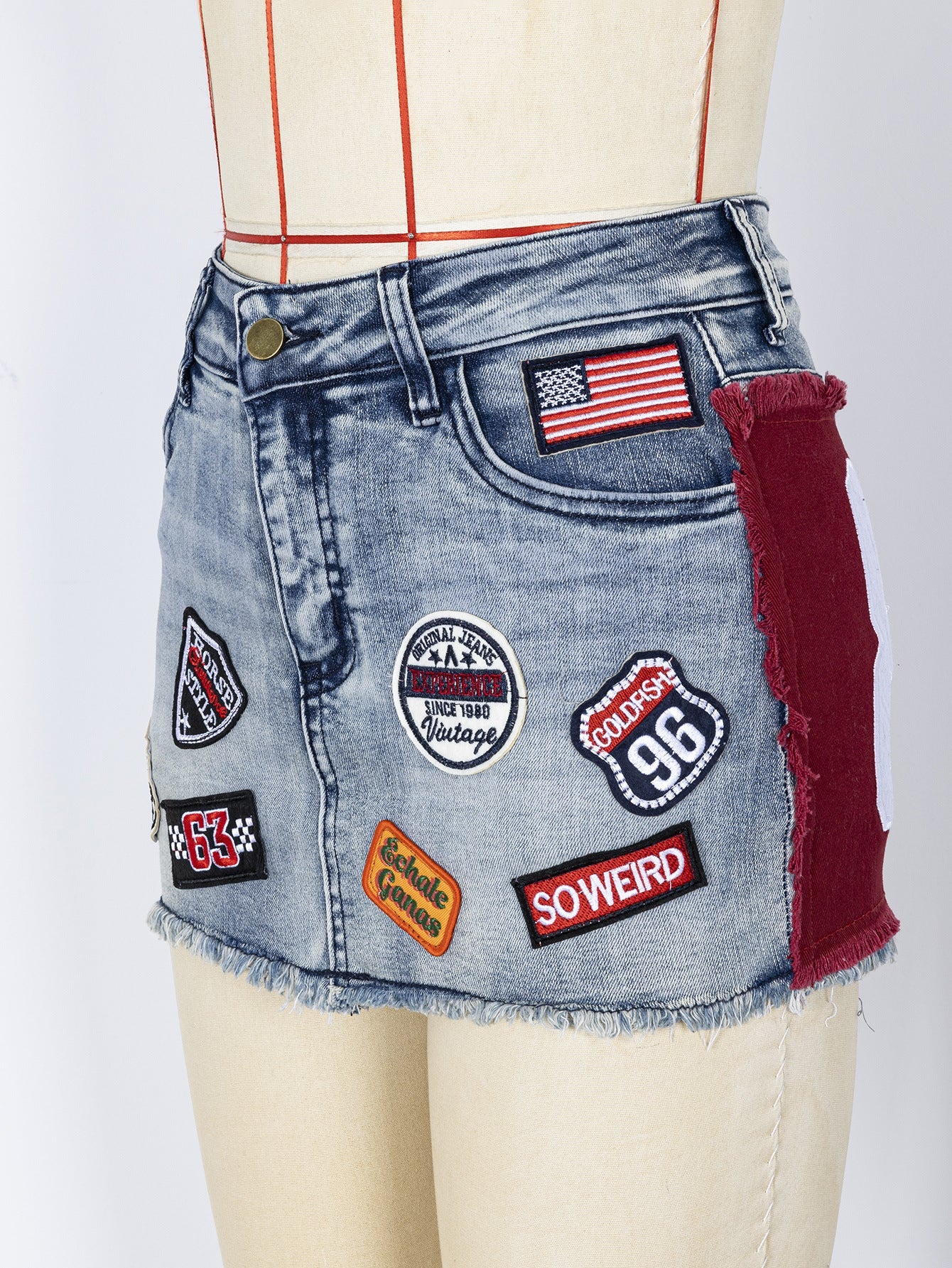 Embroidered Letter Patchwork Denim Skirt for Summer Casual