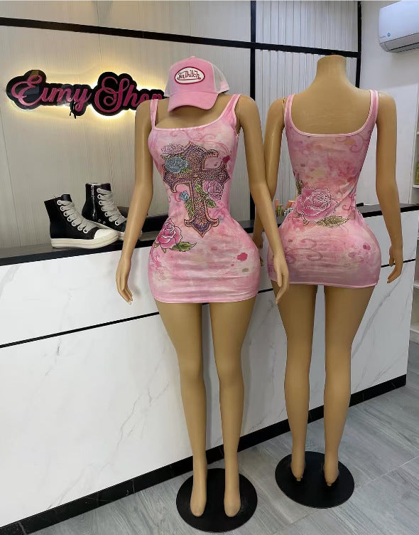 Pink Tie-Dye Beaded Cross Print Bodycon Dress for Party Wear