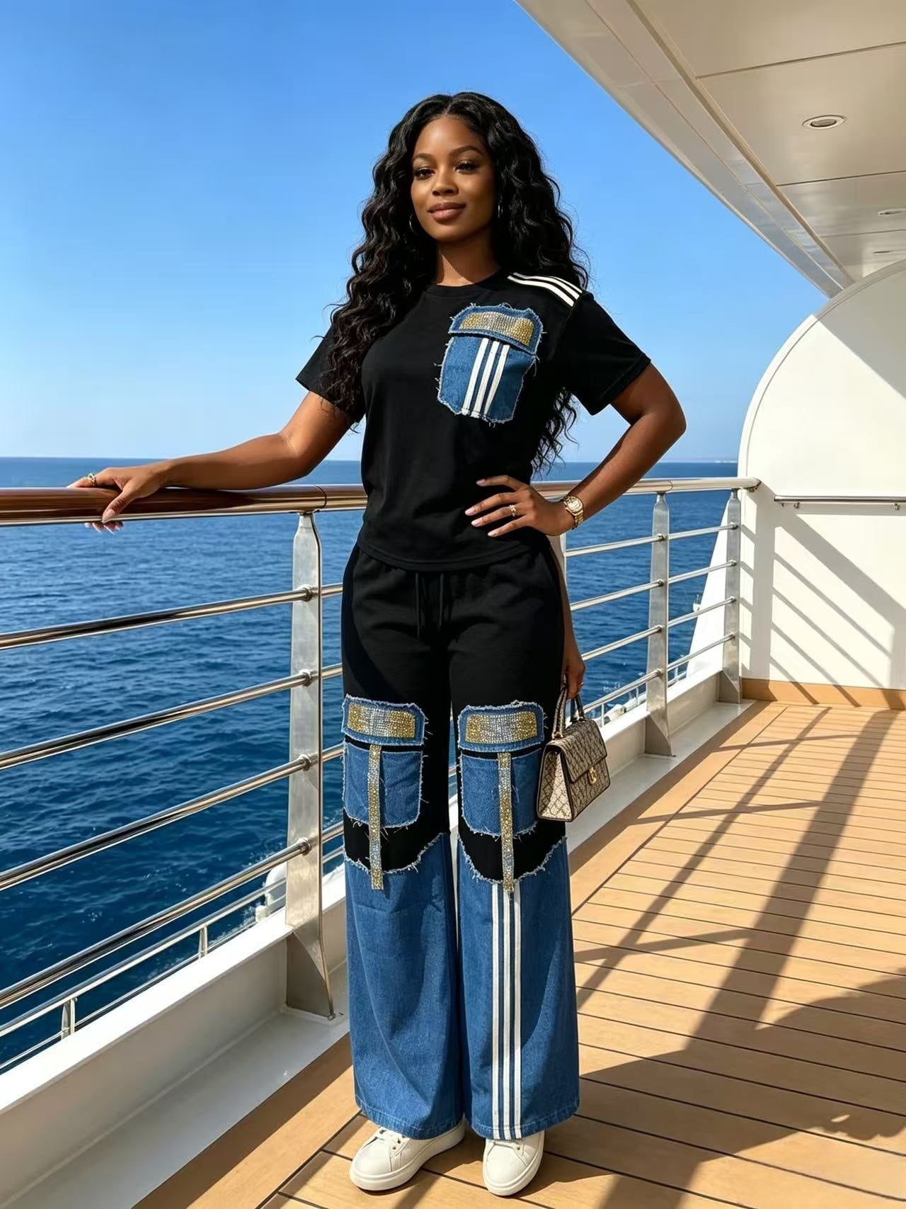 Denim Patchwork Beaded Short-Sleeve Top & Wide-Leg Pants Set for Summer