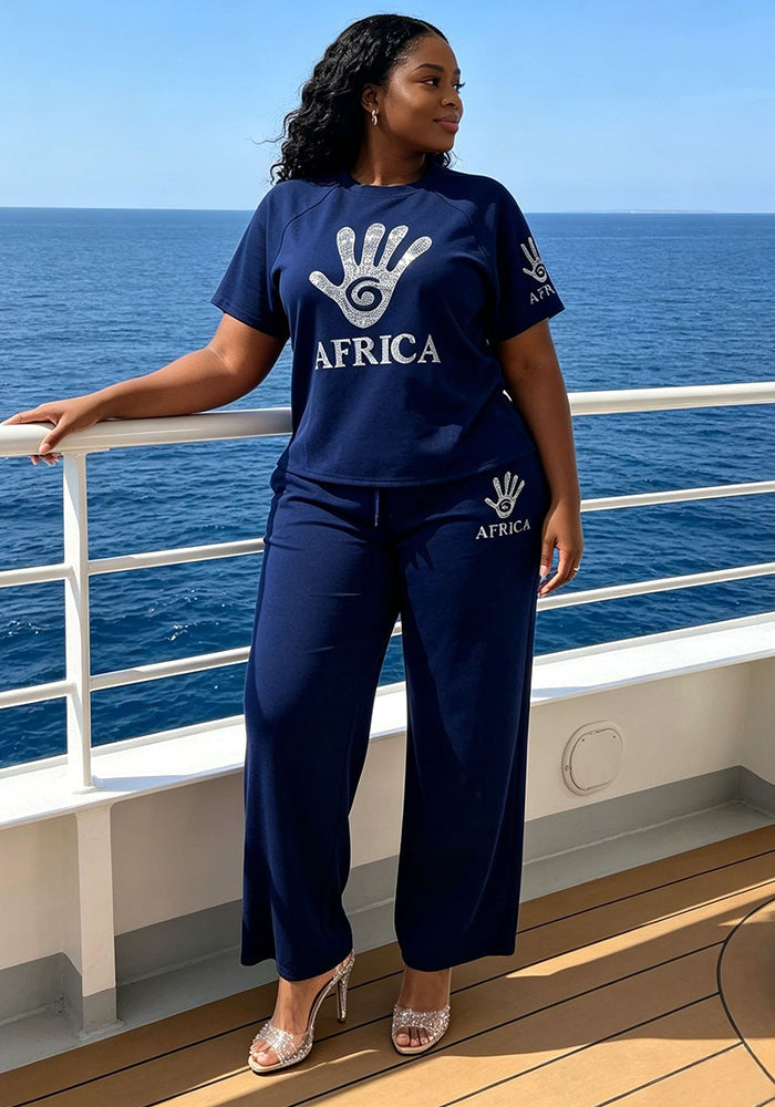 Plus Size African Palm Beaded Short Sleeve Top & Wide-Leg Pants Set