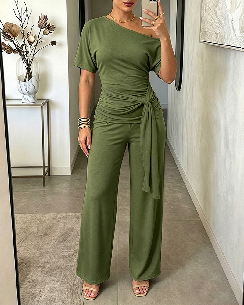 Slash-Shoulder Tie Top & Wide-Leg Pants Two-Piece Set