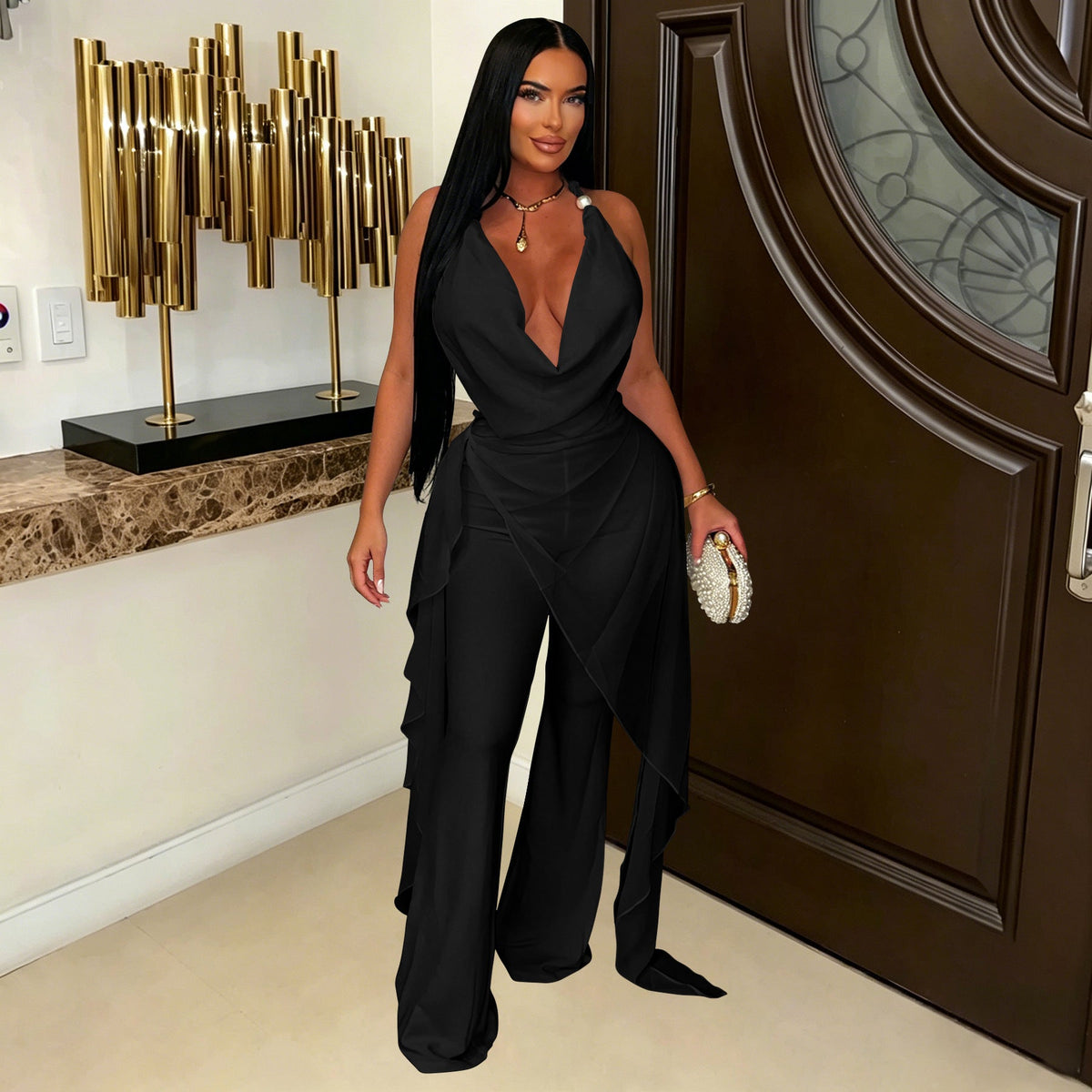 Halter Cowl Neck Irregular Tassel Top & Wide Leg Pants Set for Casual Wear
