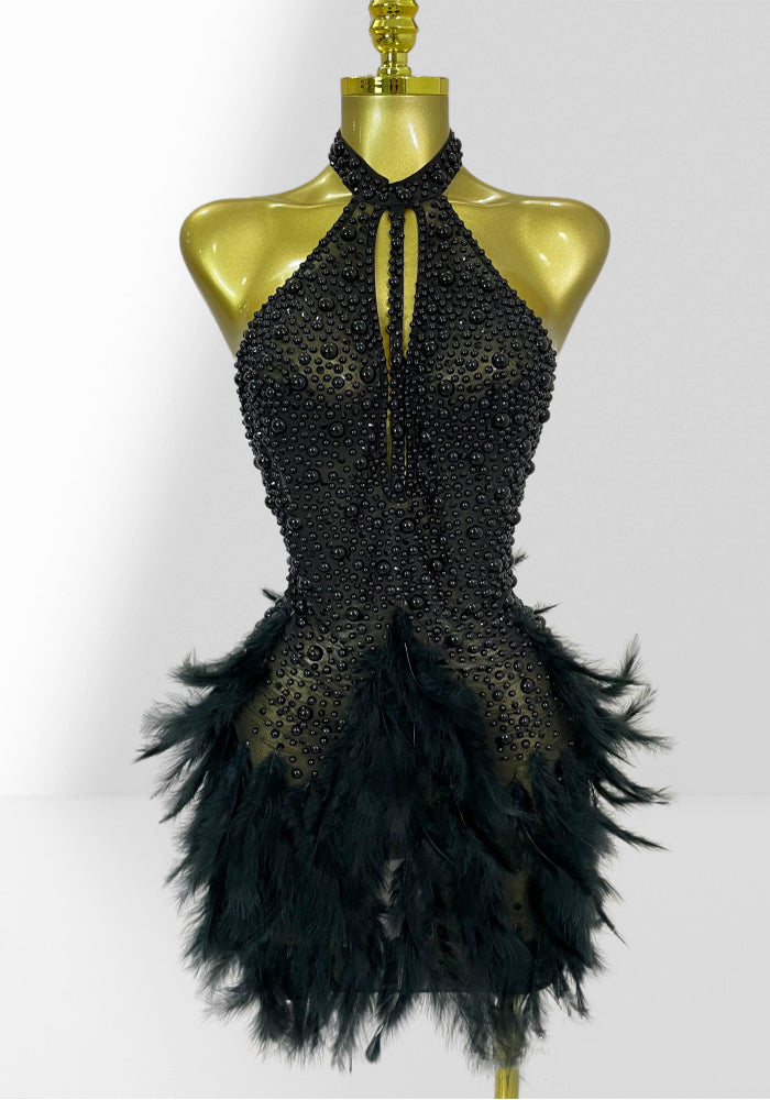Beaded Feather Sleeveless Dress for Evening Parties