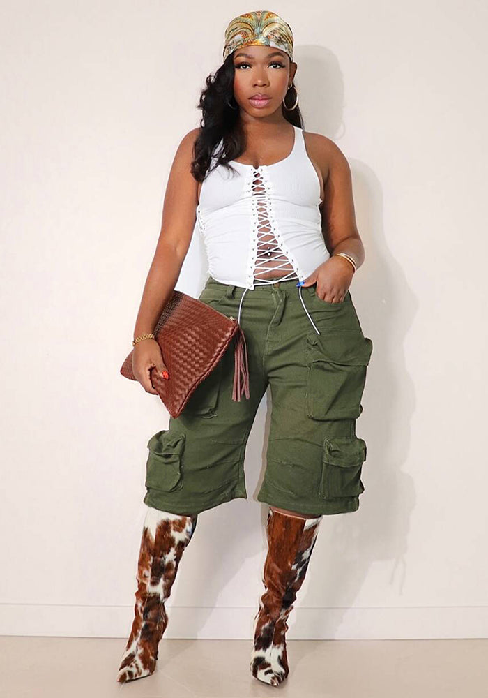 Military Green Wide-Leg Cargo Shorts for Summer Streetwear