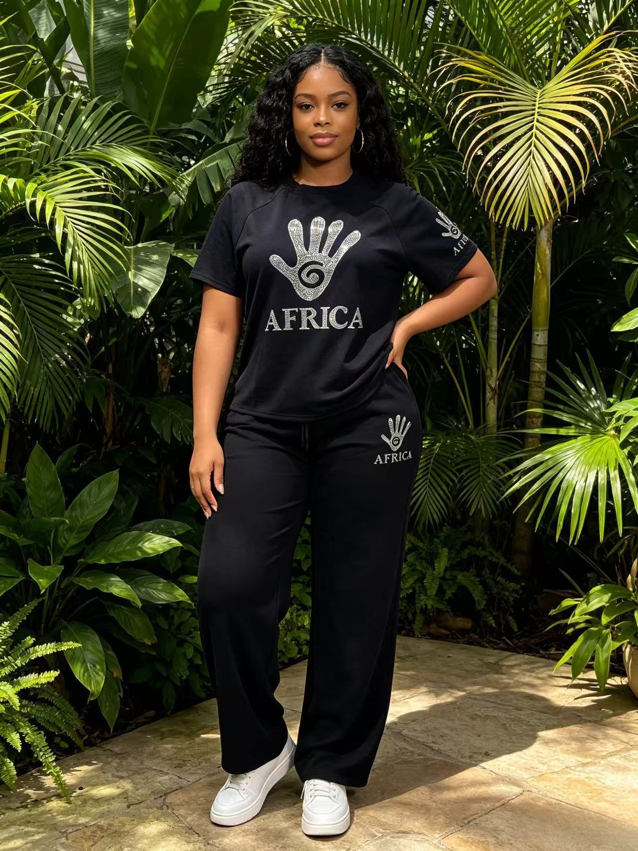 Plus Size African Palm Beaded Short Sleeve Top & Wide-Leg Pants Set