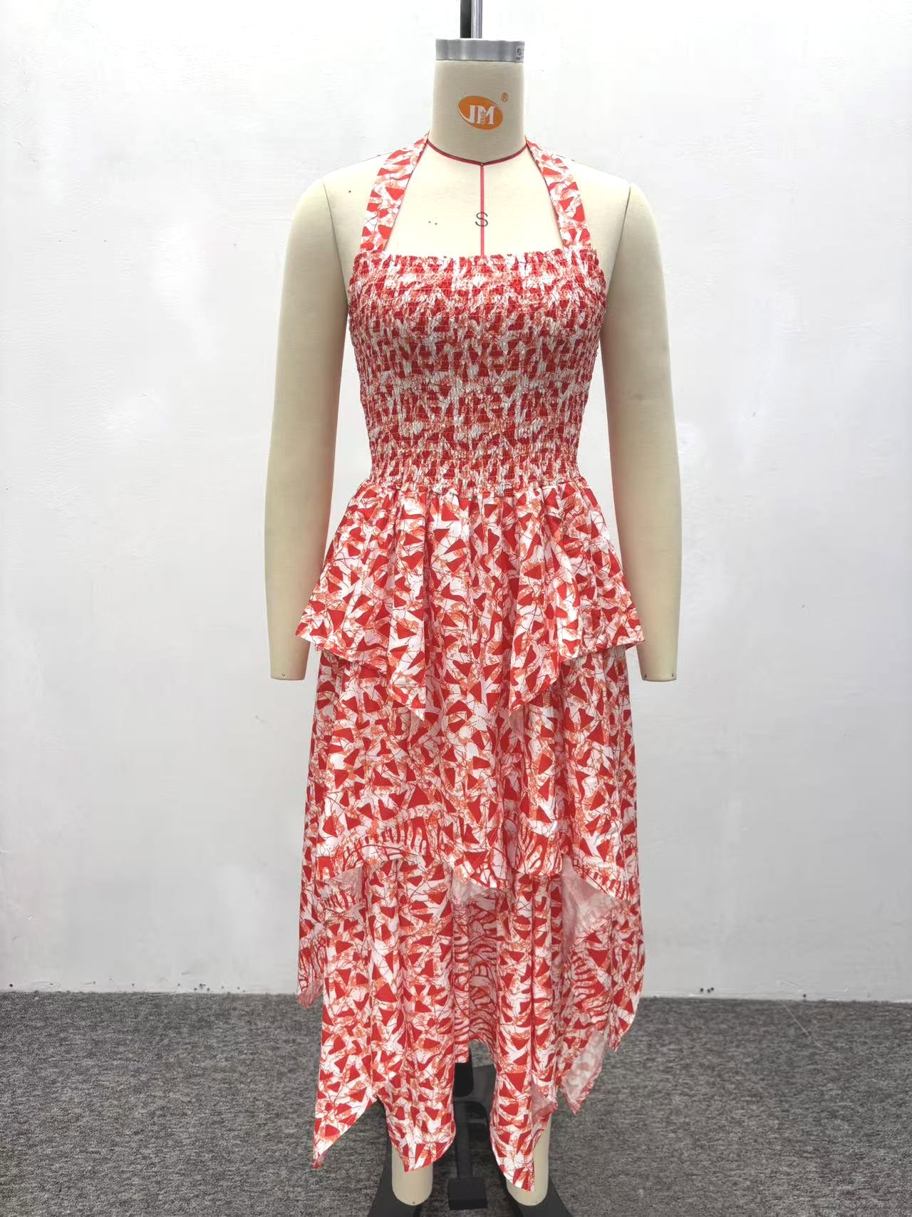African Printed Halter Neck Ruched Irregular Maxi Dress for Evening Wear