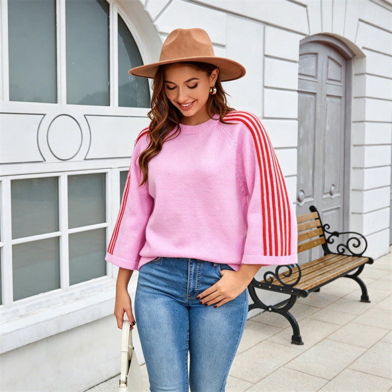Striped Patchwork Loose Three-Quarter Sleeve Knitted Sweater for Autumn