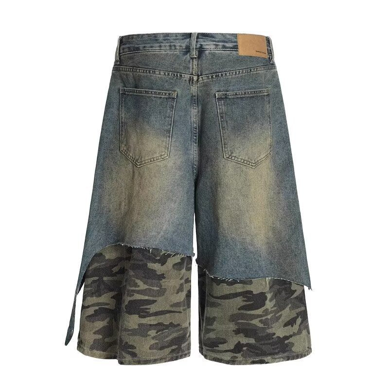 Faux Two-Piece Camouflage Patchwork Ripped Denim Shorts for Streetwear