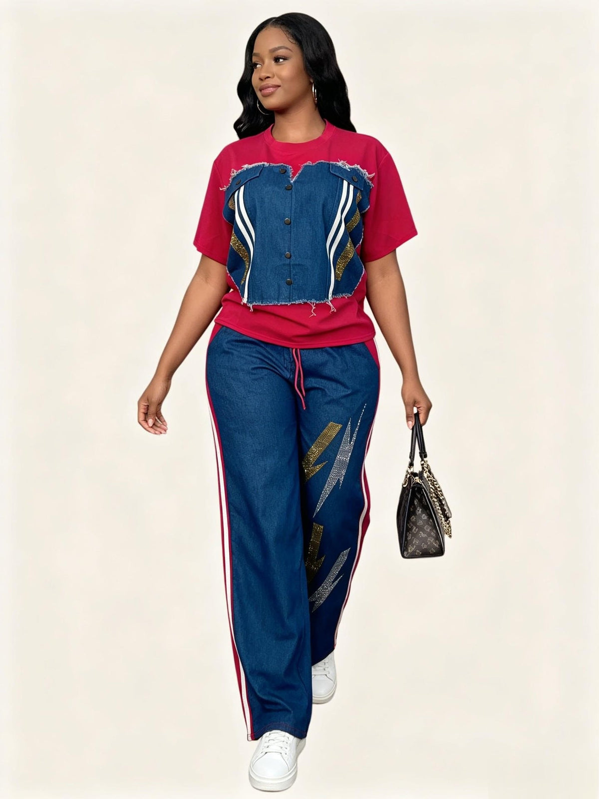 Plus Size Denim Patchwork Short Sleeve Top & Beaded Wide Leg Pants Set