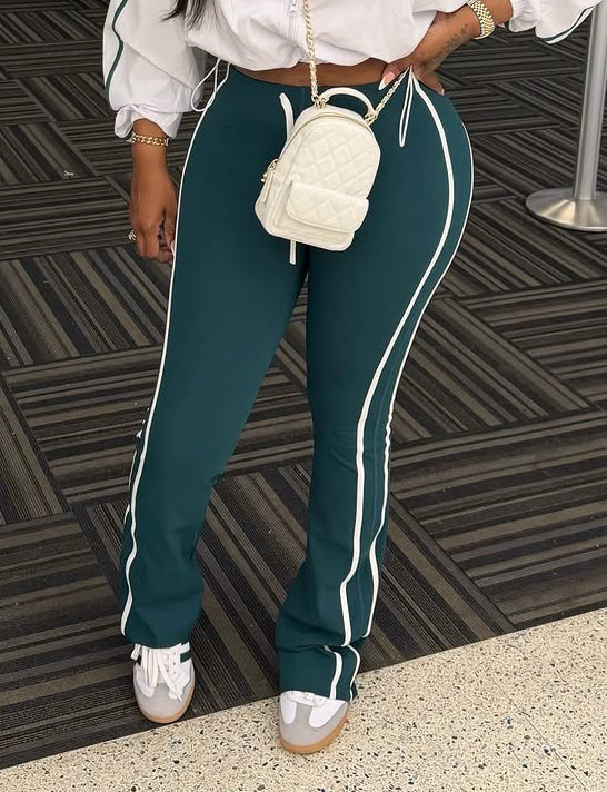 Stretchy Side White Stripe Drawstring Bell Bottom Pants for Casual Activewear