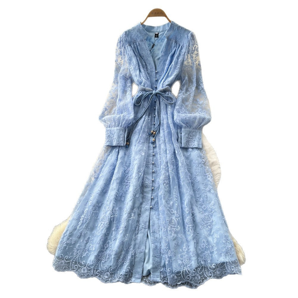 Lace Embroidery V-Neck Long Sleeve Maxi Dress for Summer