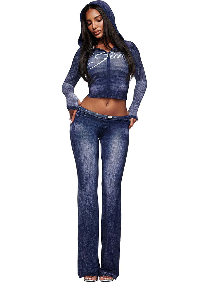 Printed Zip-Up Hoodie & Bodycon Pants Set for Casual Activewear