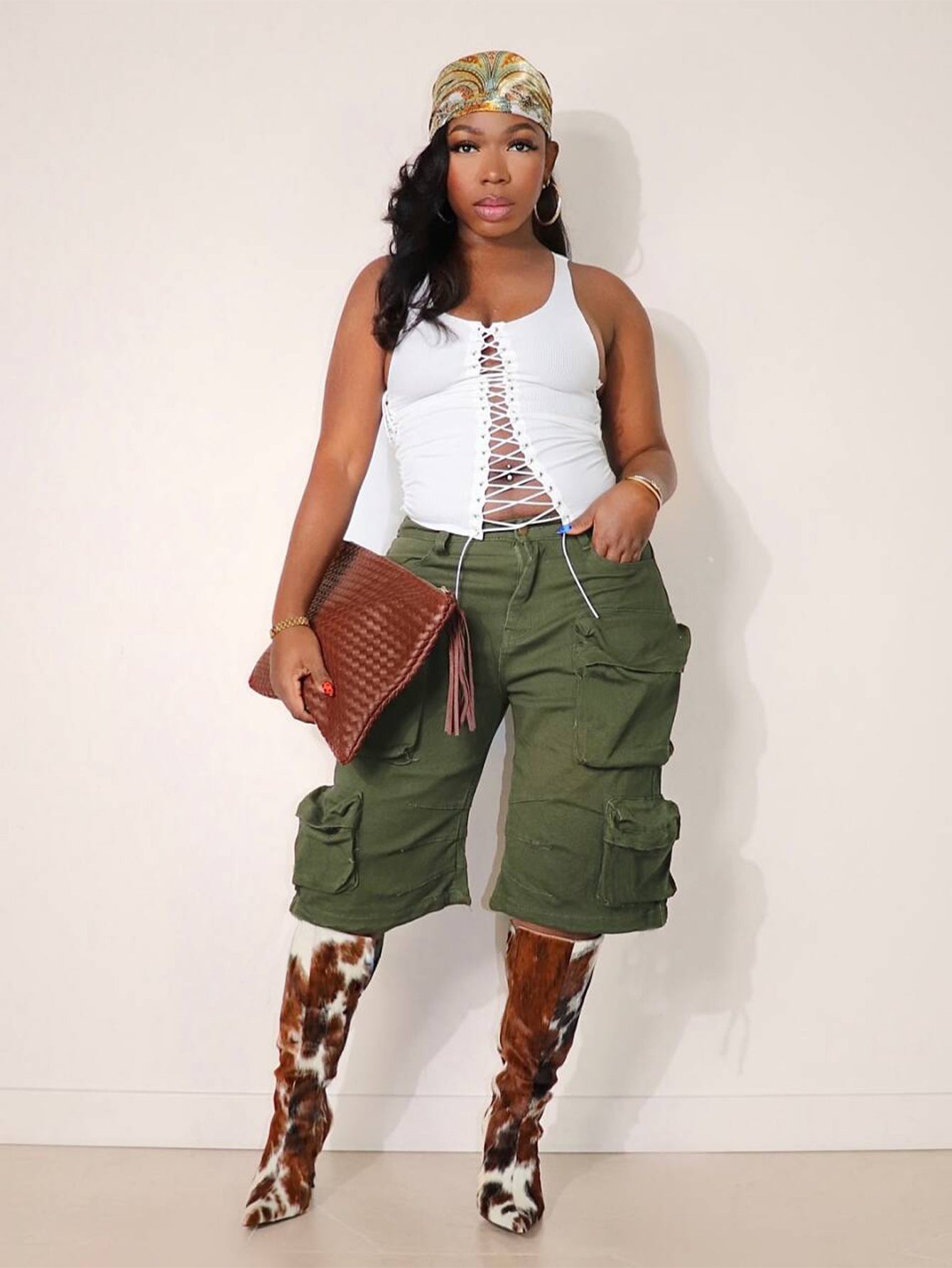Military Green Wide-Leg Cargo Shorts for Summer Streetwear