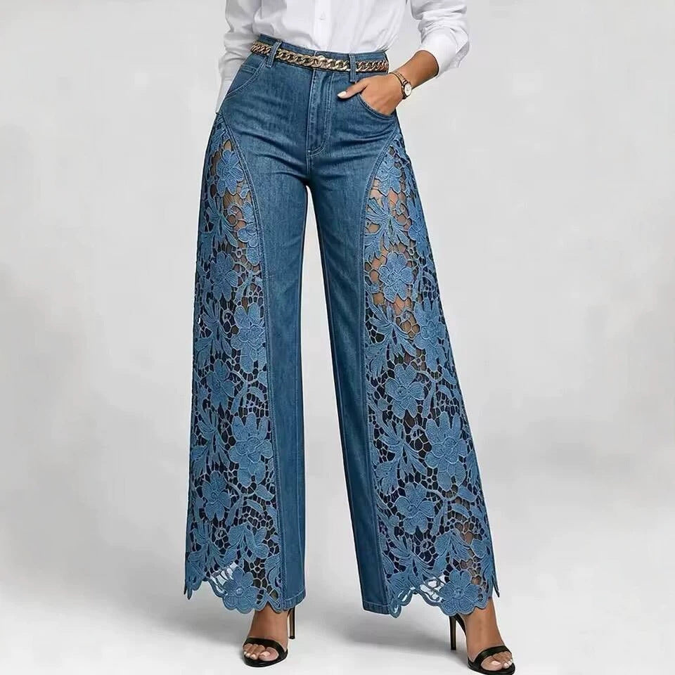 Patchwork Hollow-Out Floral Lace See-Through Bell Bottom Pants for Clubwear