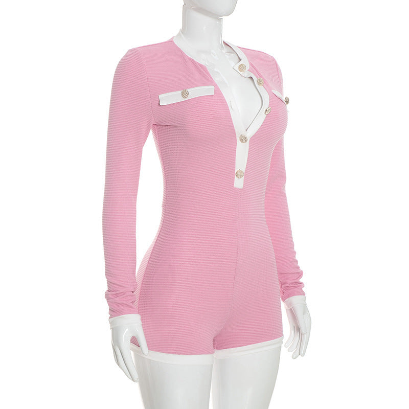 Color-Blocked Button Long-Sleeve Romper for Autumn Casual Wear