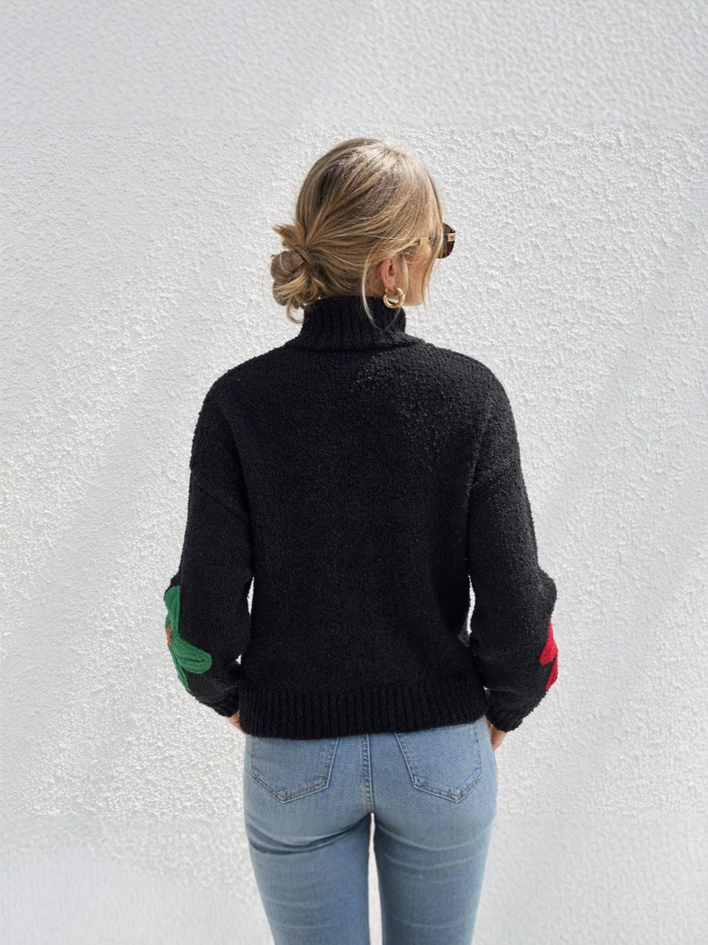 Floral High-Neck Knitted Sweater for Autumn & Winter