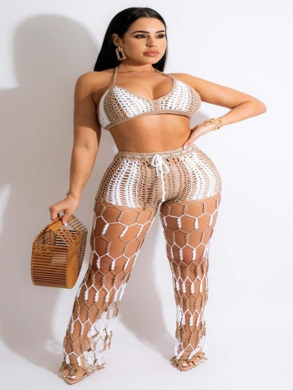 Color Block See-Through Hollow-Out Crochet Fishnet Pants Two-Piece Set for Beachwear