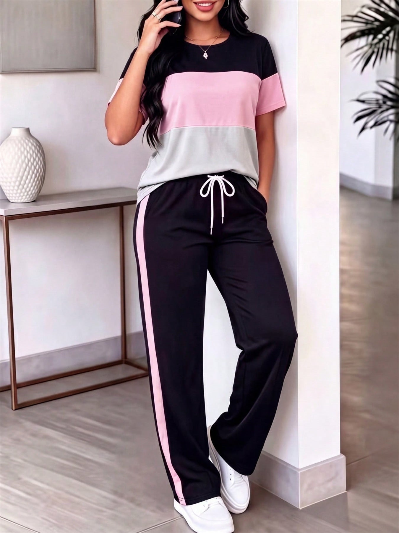Striped T-Shirt & Drawstring Pants Two-Piece Set for Spring/Summer Casual