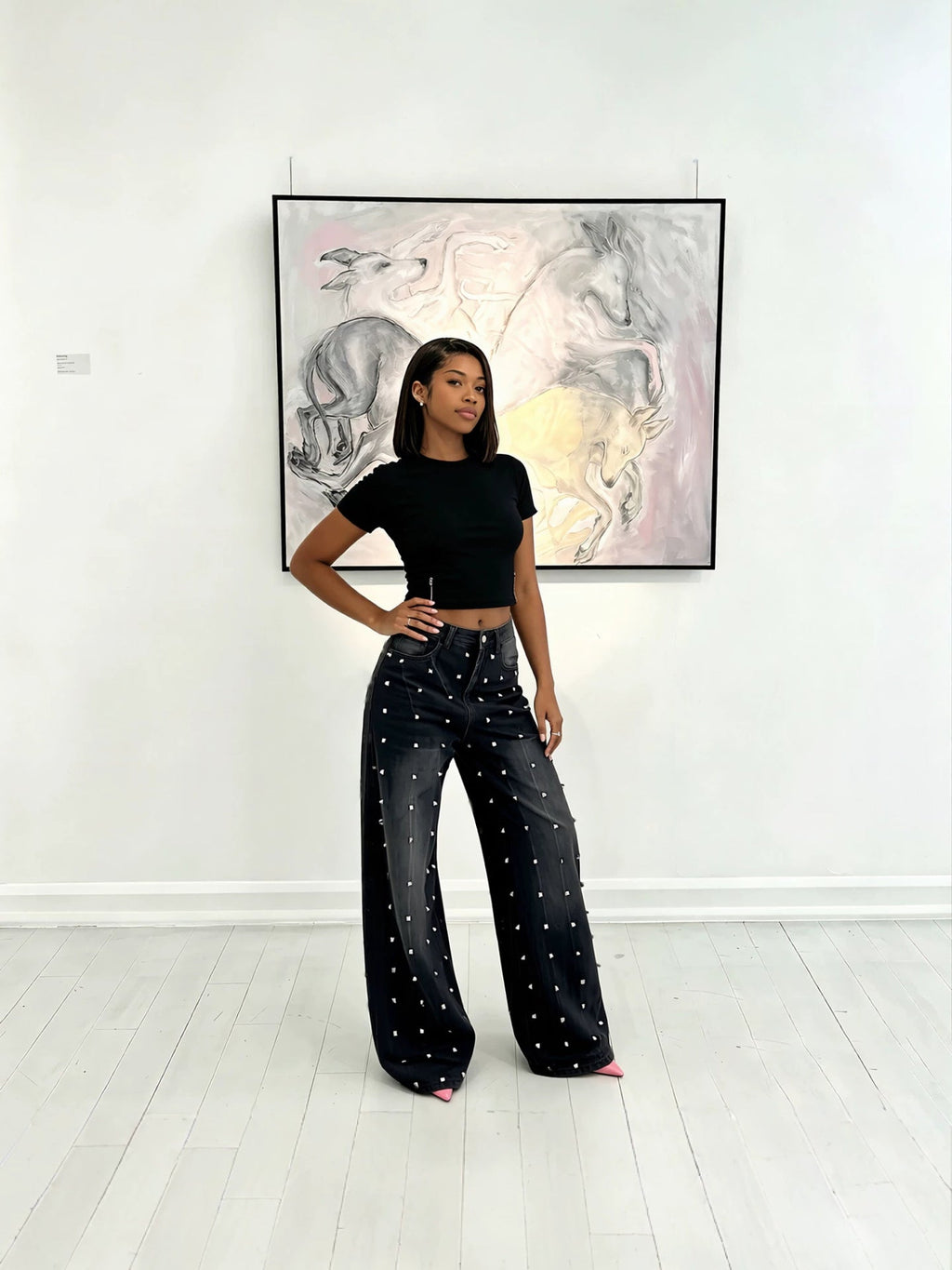 Washed Studded Loose-Fit Wide-Leg Denim Pants for Streetwear