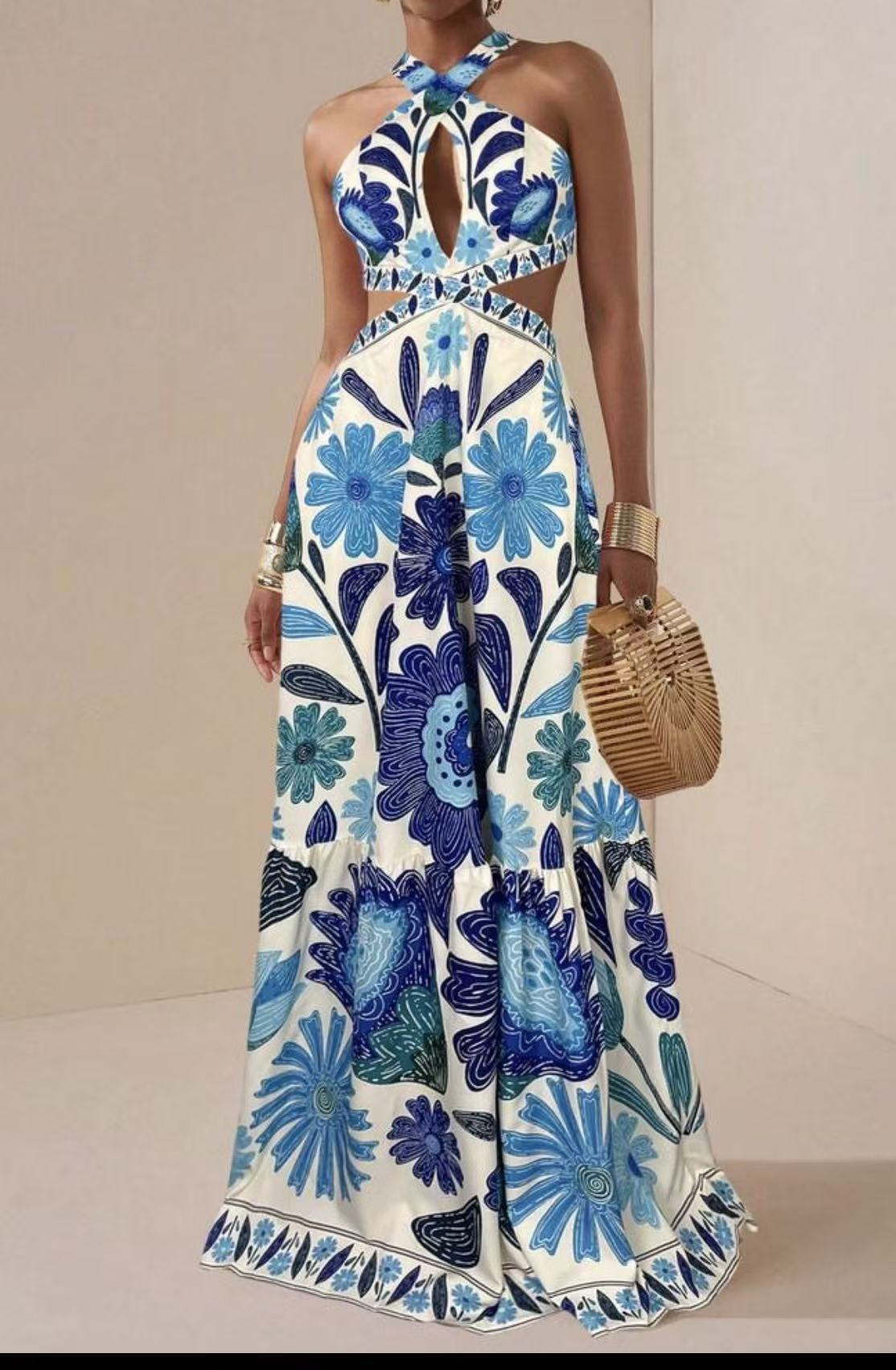 Printed Halter Bohemian Maxi Dress for Summer Vacations