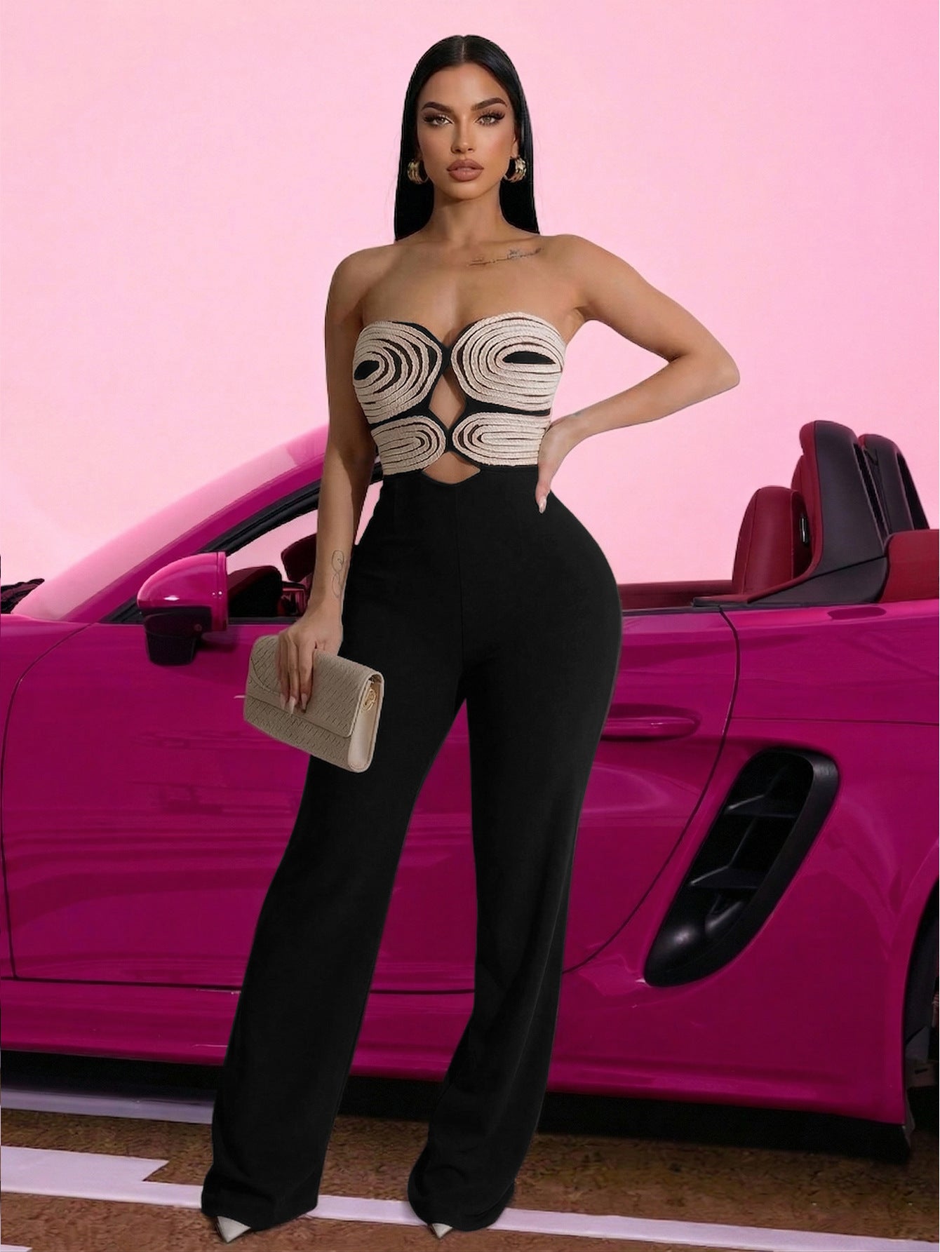 Color Block Webbing Strapless Jumpsuit for Club Wear