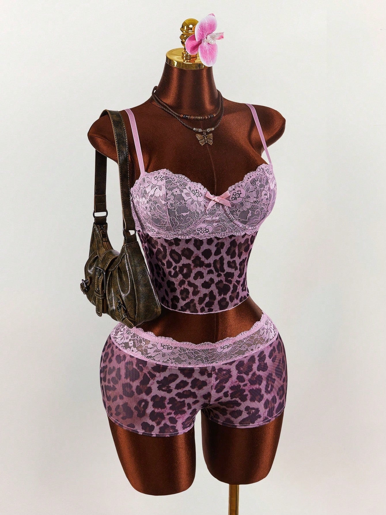 Leopard Print Lace Patchwork Camisole & Shorts Set for Sleepwear