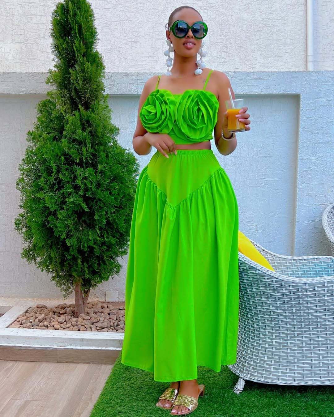 African Green Strapless Floral Crop Top & Skirt Set for Summer Events