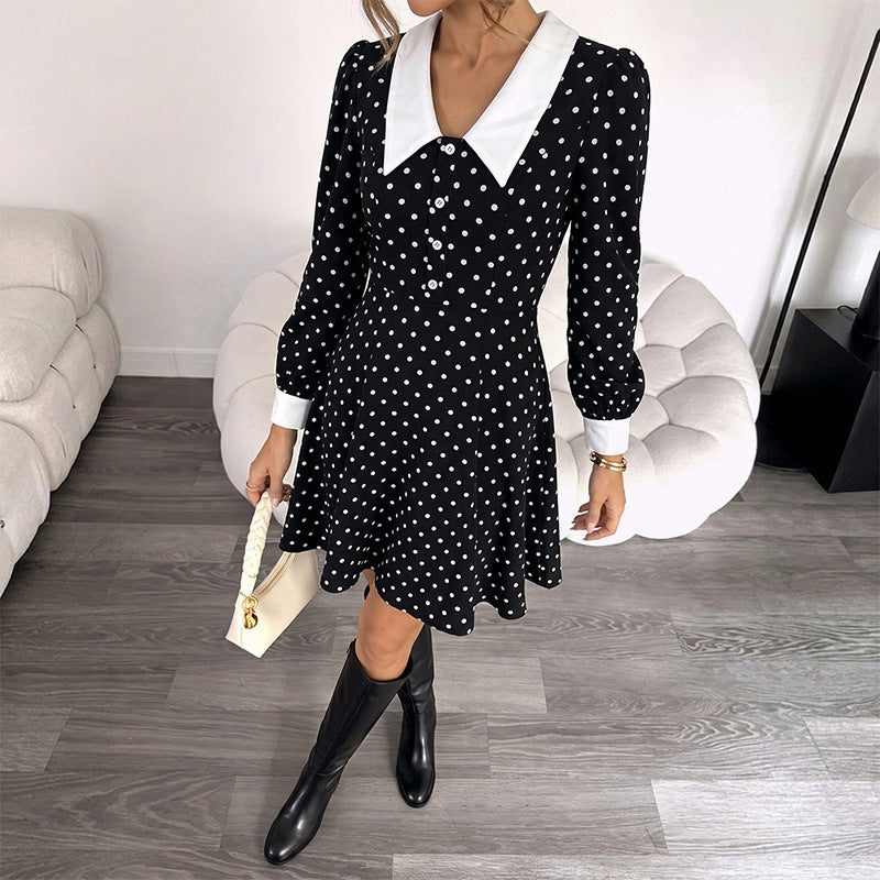 Polka Dot Turndown Collar Dress for Autumn Formal Events