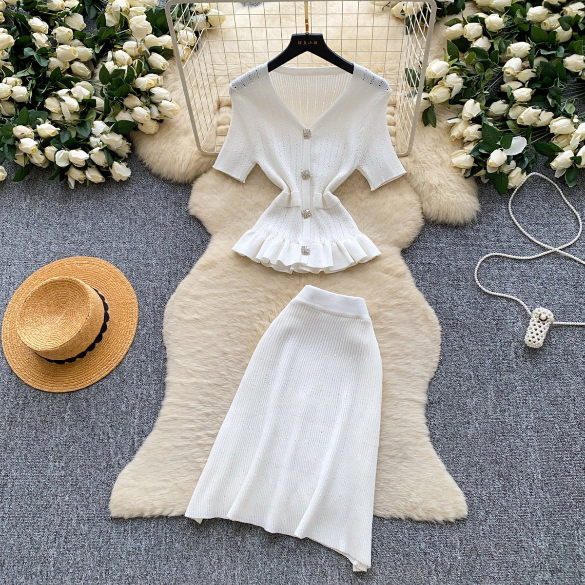 Knitted V-Neck Ruffle Detail Two-Piece Skirt Set for Summer Career Wear