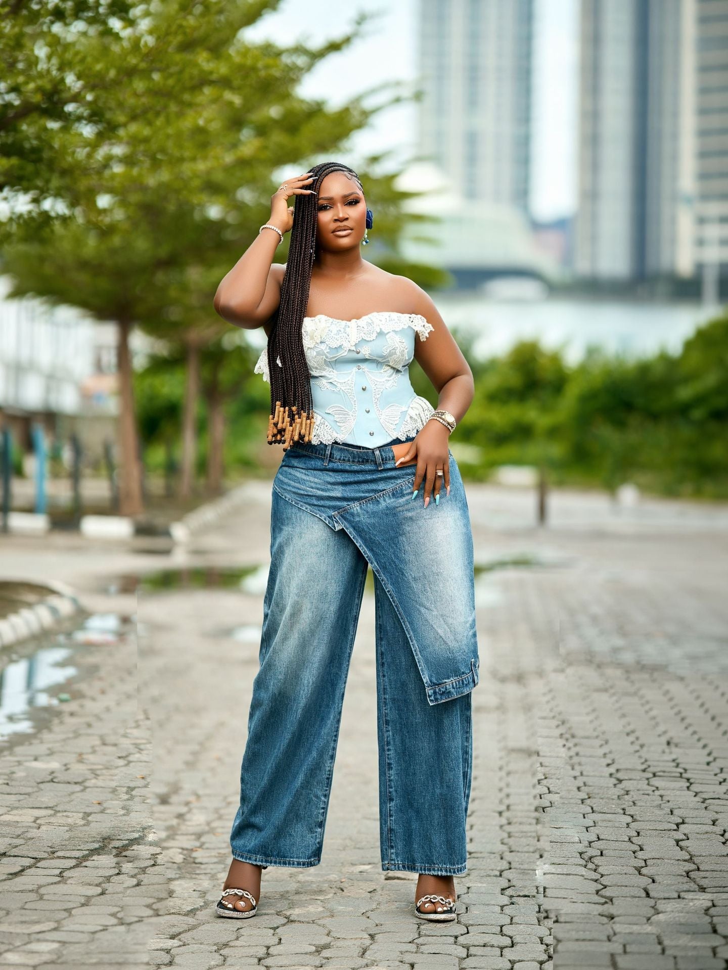 Patchwork Waistband Denim Pants for Casual Streetwear