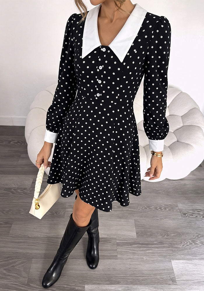 Polka Dot Turndown Collar Dress for Autumn Formal Events