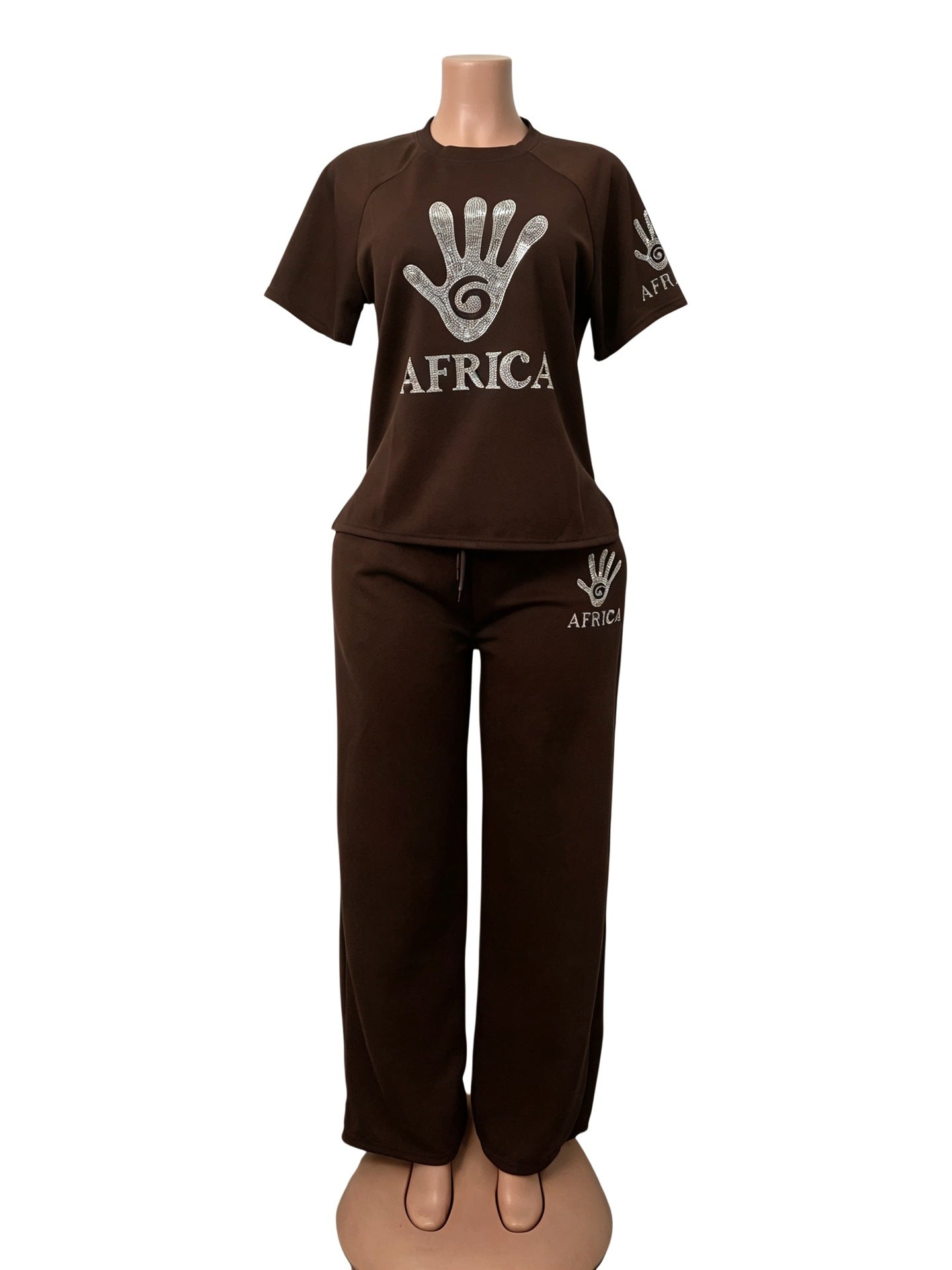 Plus Size African Palm Beaded Short Sleeve Top & Wide-Leg Pants Set