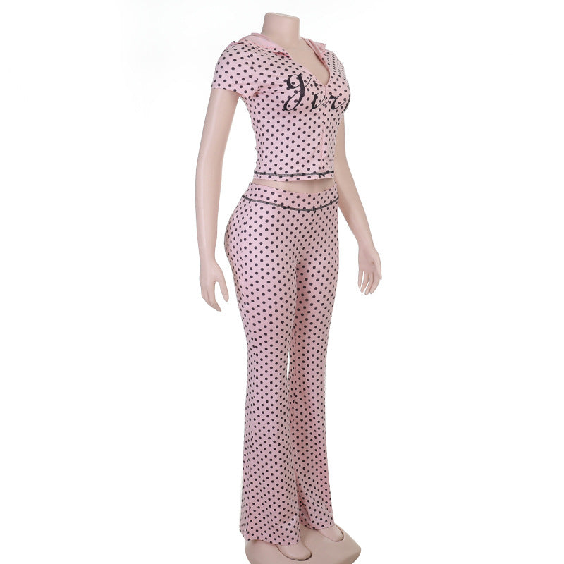 Polka Dot Short-Sleeve Zip-Up Pants Set for Summer Casual