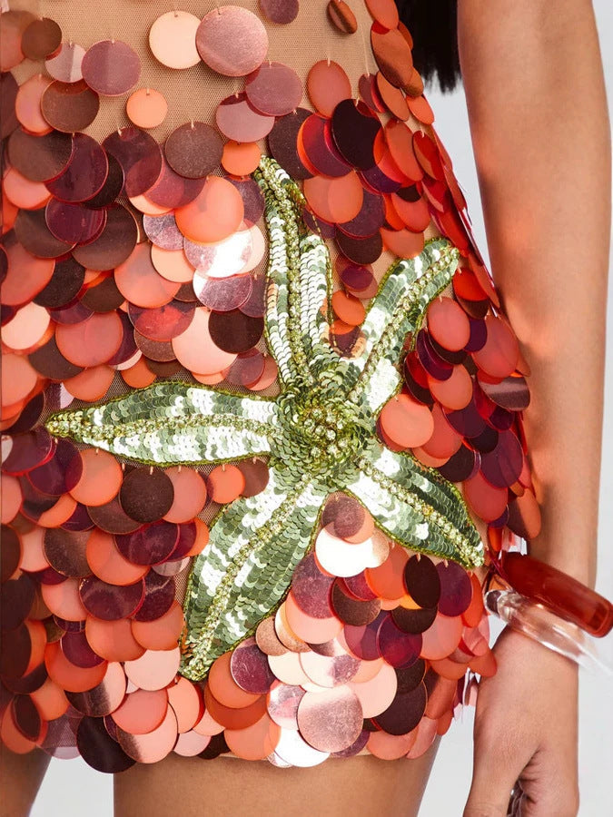 Sequin Embroidery See-Through Halter Neck Low Back Bodycon Mini Dress for Clubwear