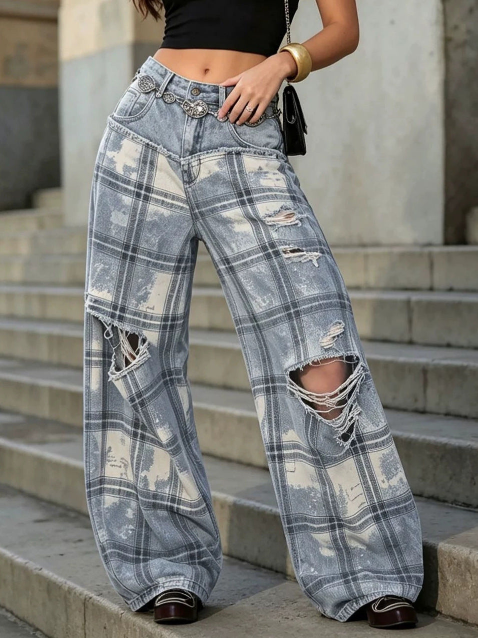 Plaid Ripped Patchwork Washed Denim Pants for Streetwear