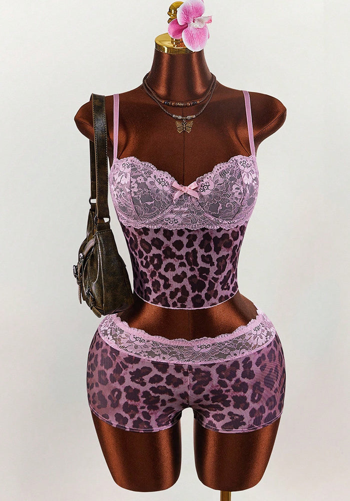 Leopard Print Lace Patchwork Camisole & Shorts Set for Sleepwear