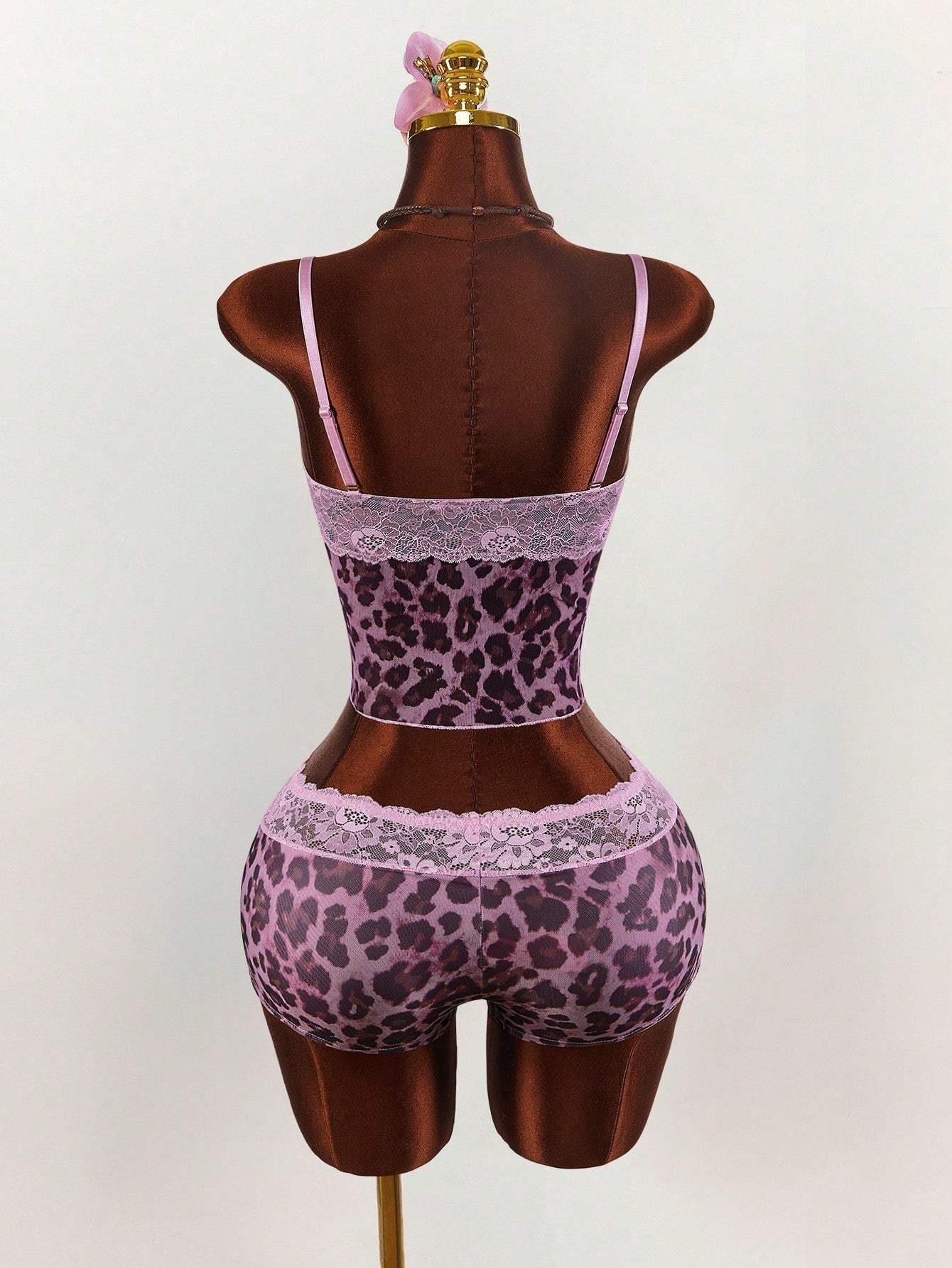 Leopard Print Lace Patchwork Camisole & Shorts Set for Sleepwear