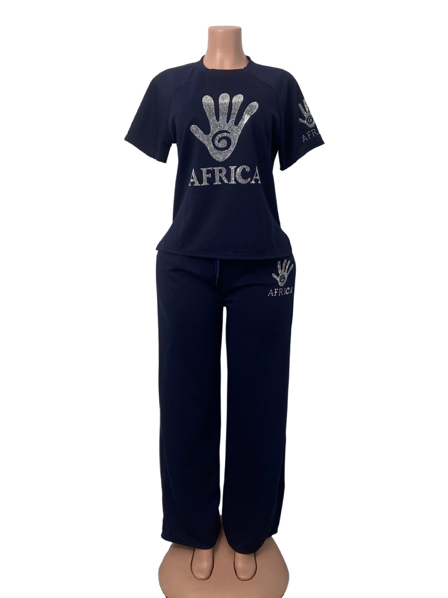Plus Size African Palm Beaded Short Sleeve Top & Wide-Leg Pants Set