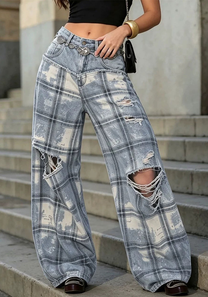 Plaid Ripped Patchwork Washed Denim Pants for Streetwear