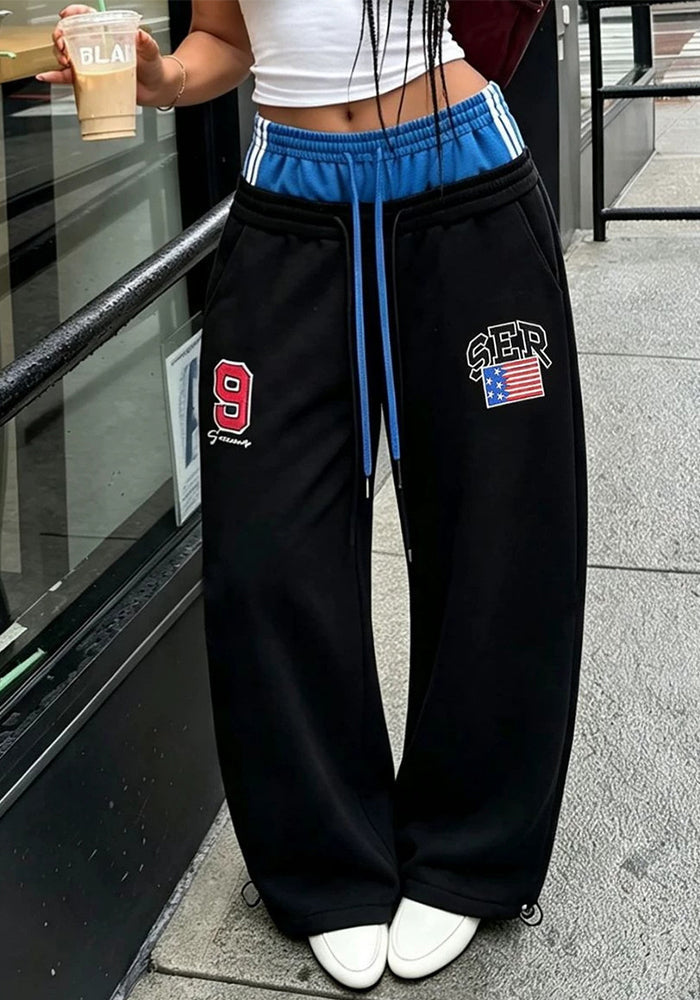 Drawstring Double-Waist Color-Block Patchwork Letter-Embroidered Sweatpants