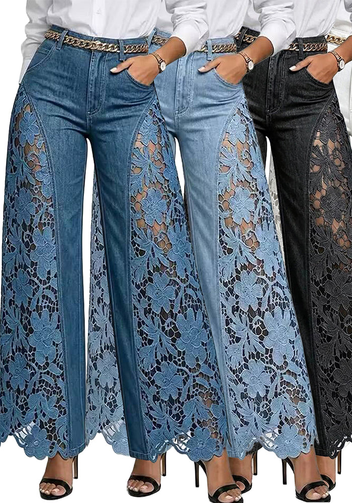 Patchwork Hollow-Out Floral Lace See-Through Bell Bottom Pants for Clubwear