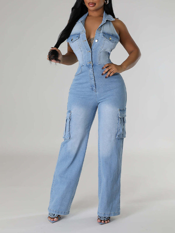 Neckholder-Jeans-Jumpsuit mit Knopfleiste vorne