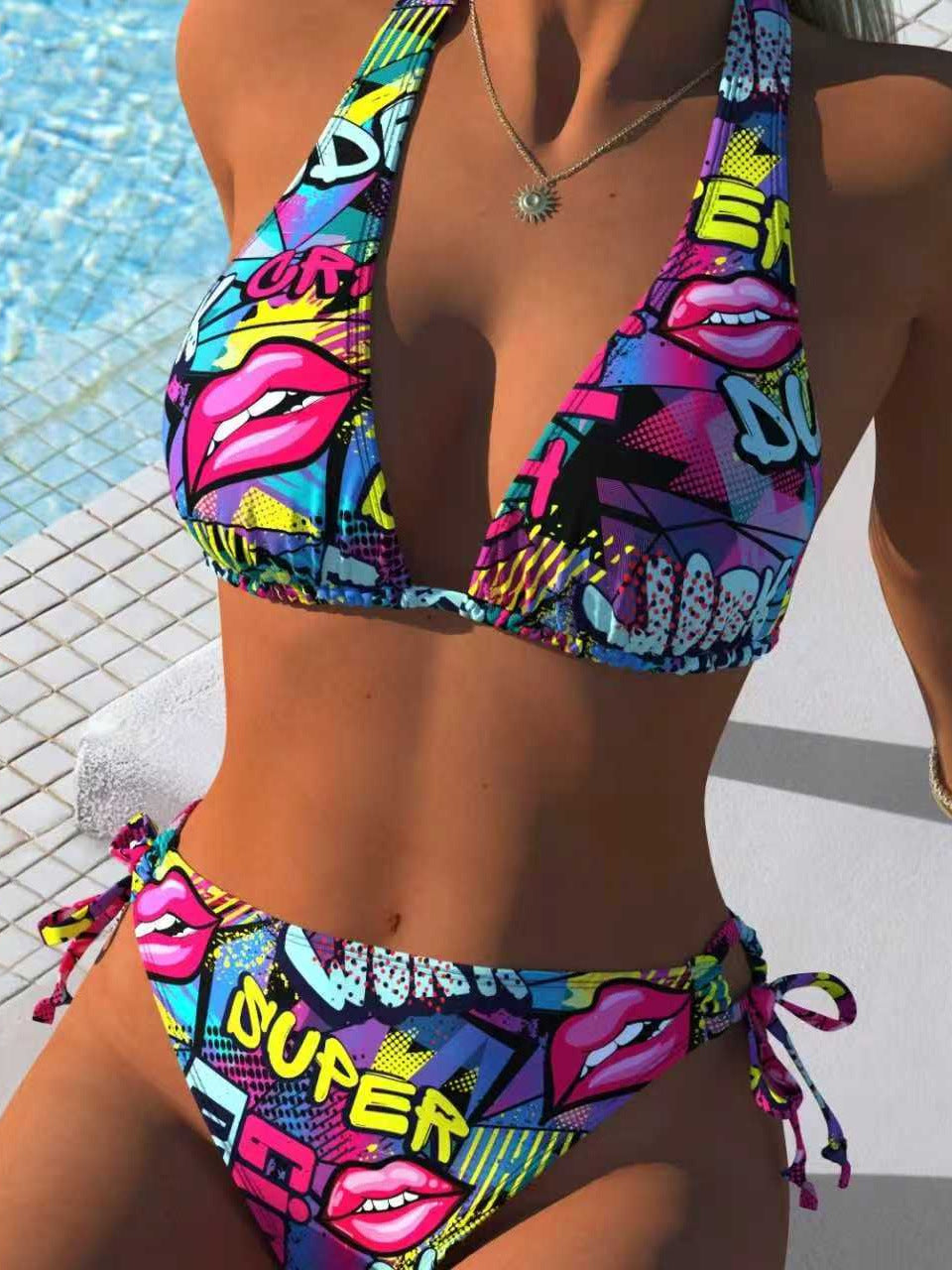 Printed Two-Piece Bikini Swimsuit with High Waist Tie-Side Bottom