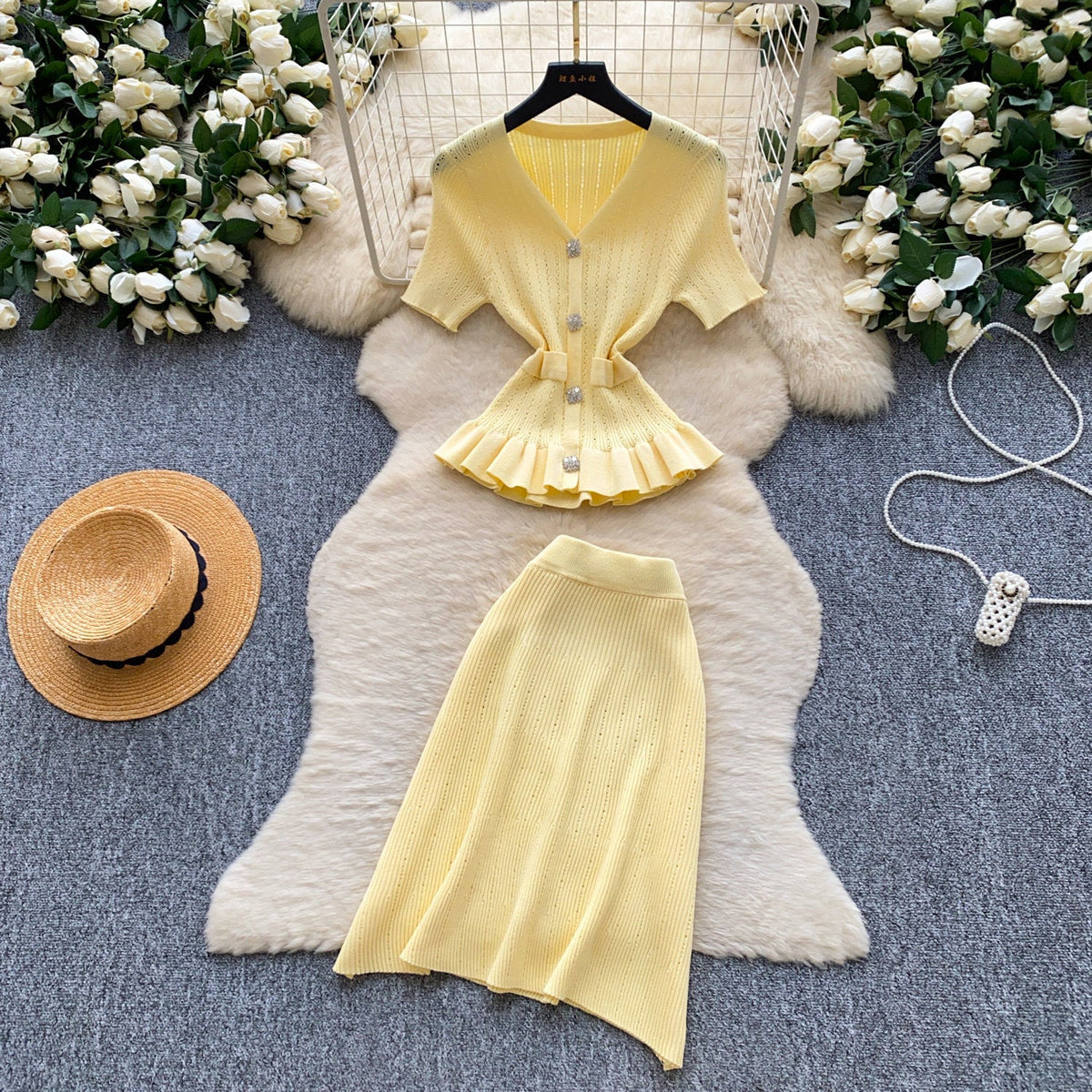 Knitted V-Neck Ruffle Detail Two-Piece Skirt Set for Summer Career Wear