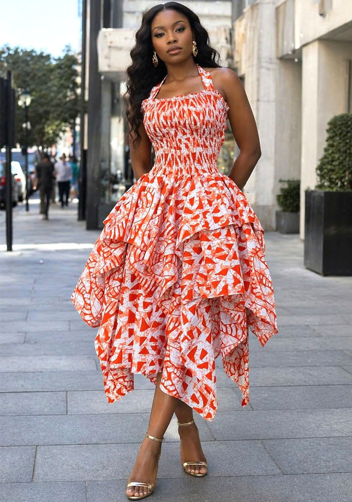 African Printed Halter Neck Ruched Irregular Maxi Dress for Evening Wear