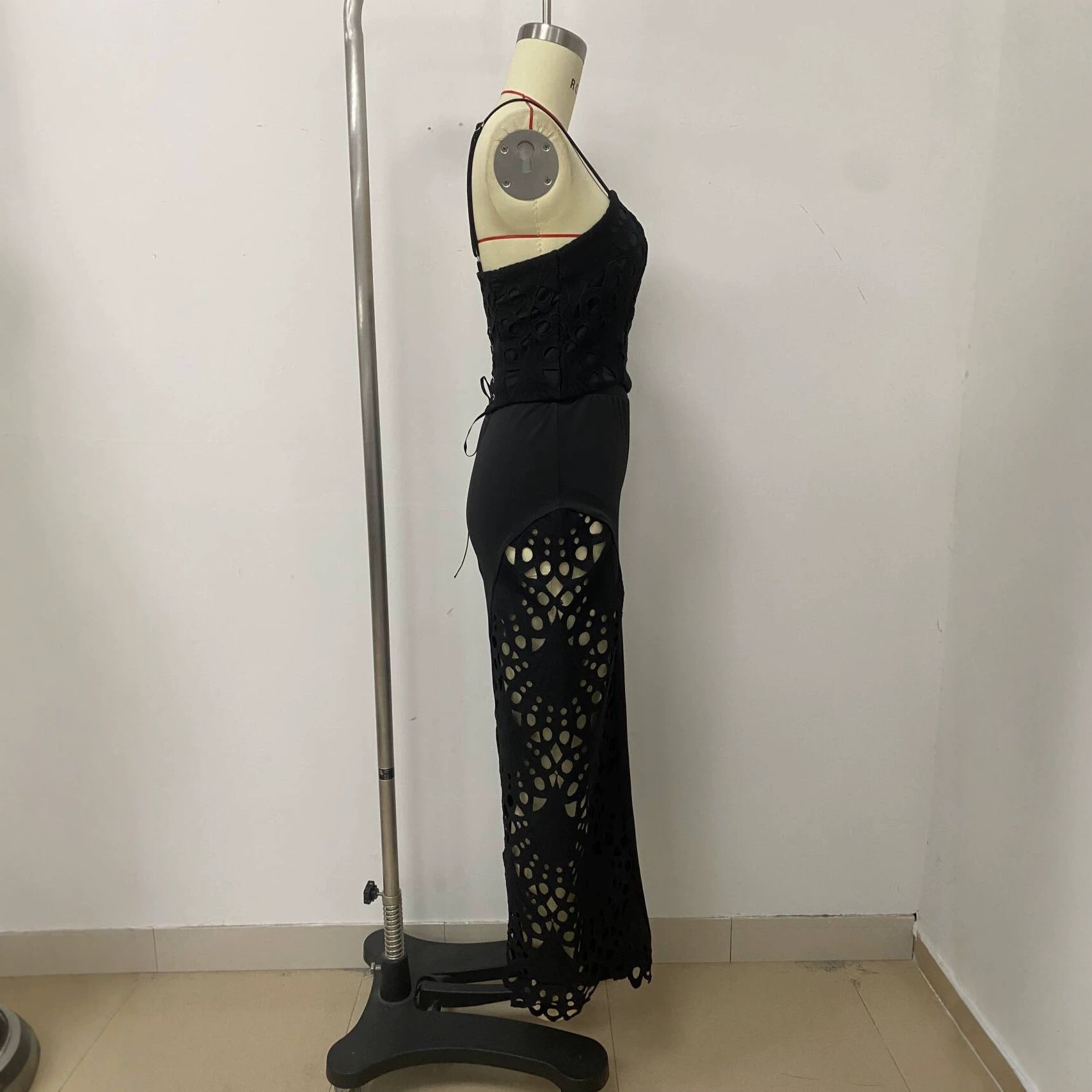 Black Lace Hollow-Out Embroidered Camisole Top & Wide-Leg Pants Set