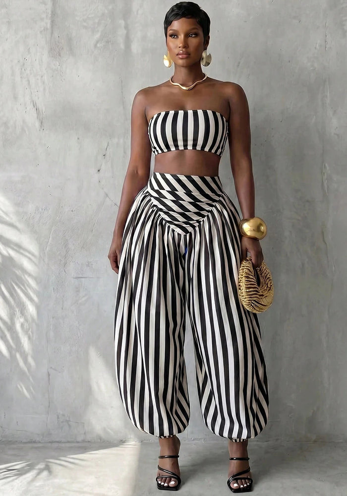 Red & White Striped Crop Top & Lantern Pants Two-Piece Set
