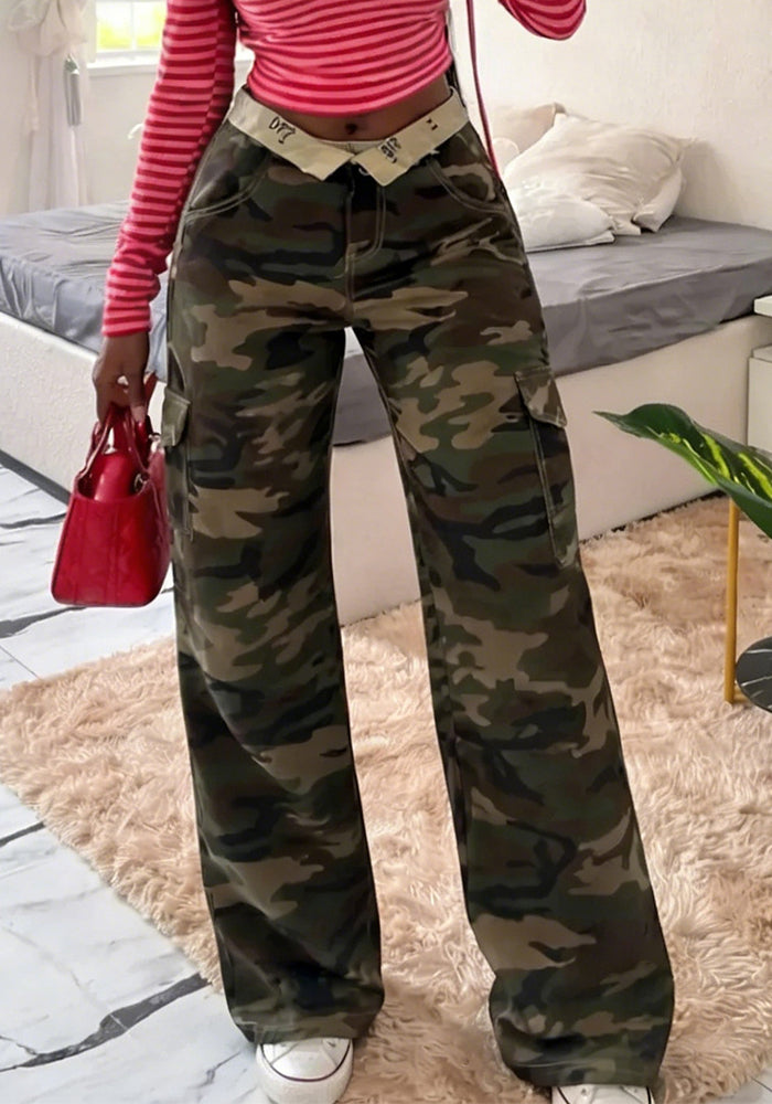 Camouflage Print Cargo Wide-Leg Denim Pants for Autumn Streetwear