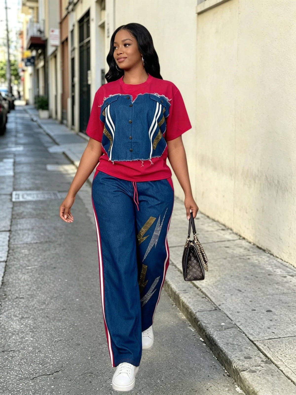 Plus Size Denim Patchwork Short Sleeve Top & Beaded Wide Leg Pants Set