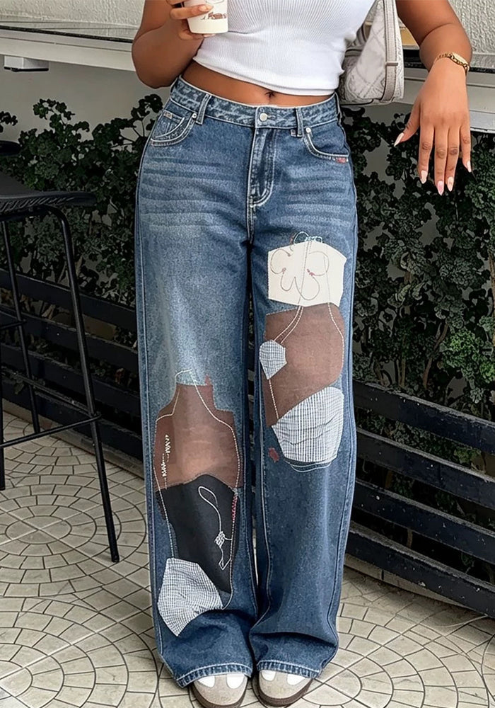 Stitched Patchwork Applique Print Denim Pants for Streetwear